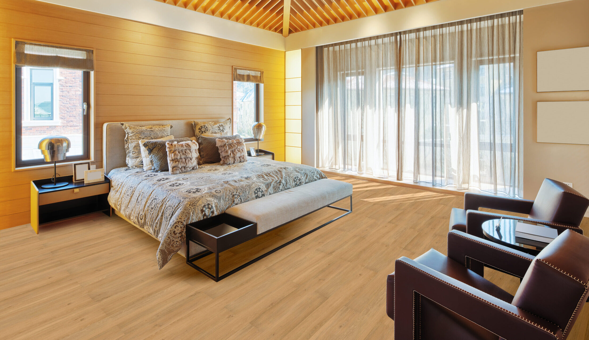 pavimento vinilico diseño Roble Aster en dormitorio