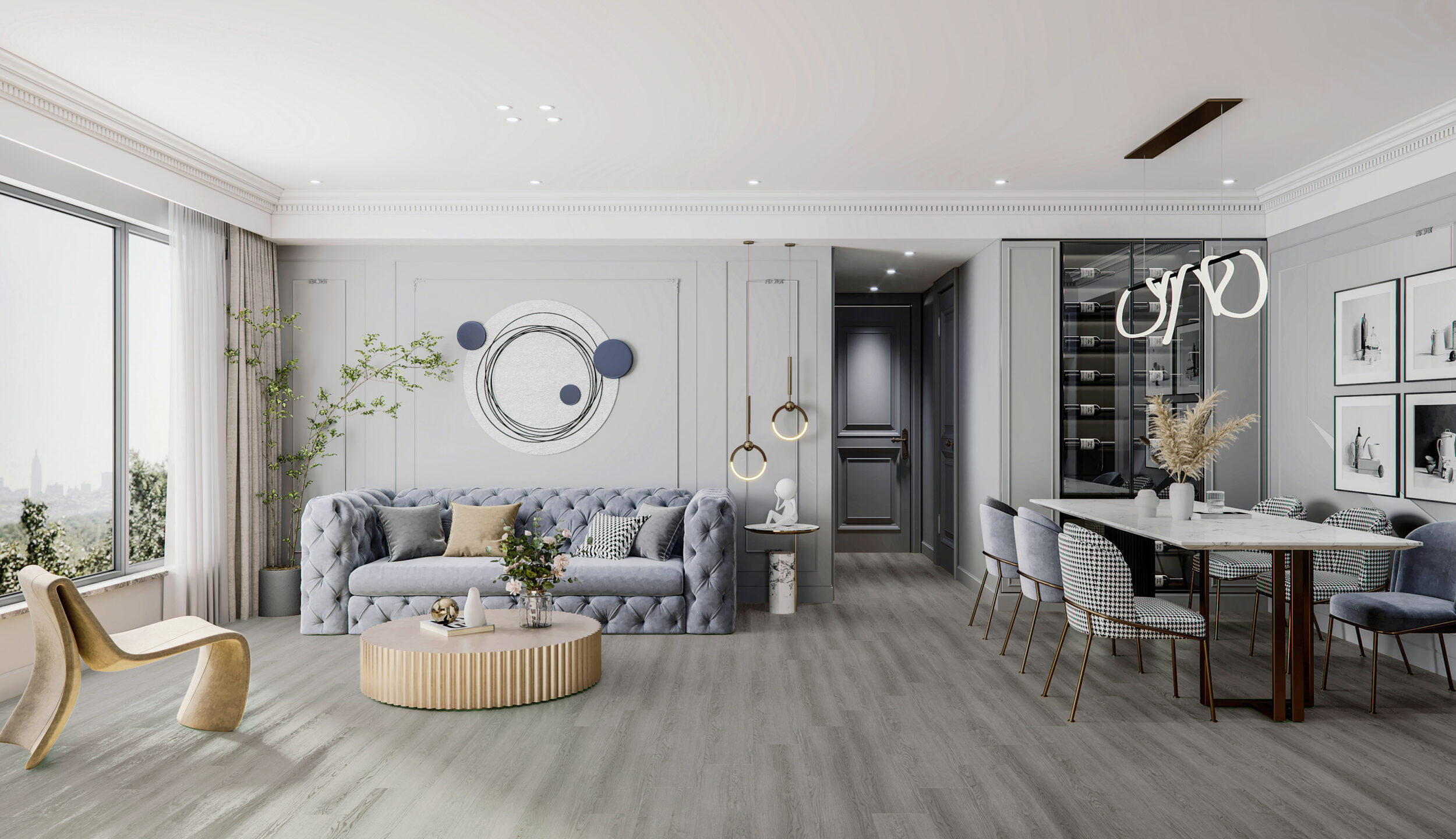 pavimento vinilico diseño Roble Iris en comedor abierto